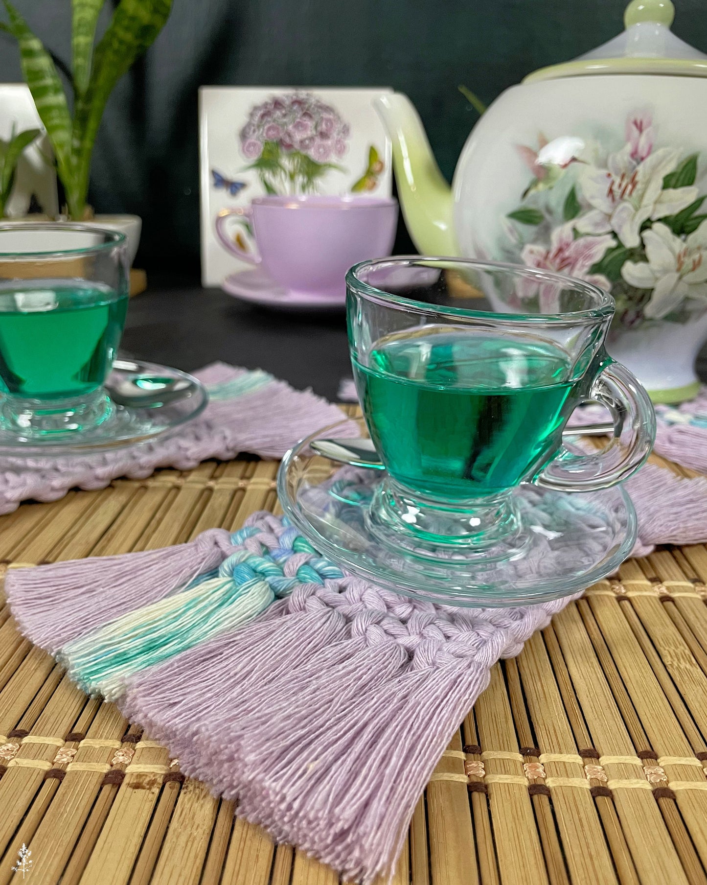 Tea set and macrame coasters