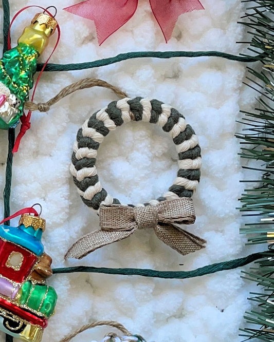 2" Candy Stripe Macrame Wreath Ornament with Burlap Bow