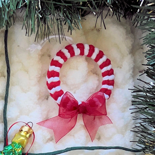 2" Candy Stripe Macrame Christmas Wreath Ornament with Red Bow