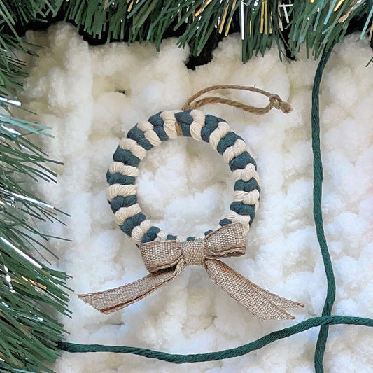 2" Candy Stripe Macrame Wreath Ornament with Burlap Bow